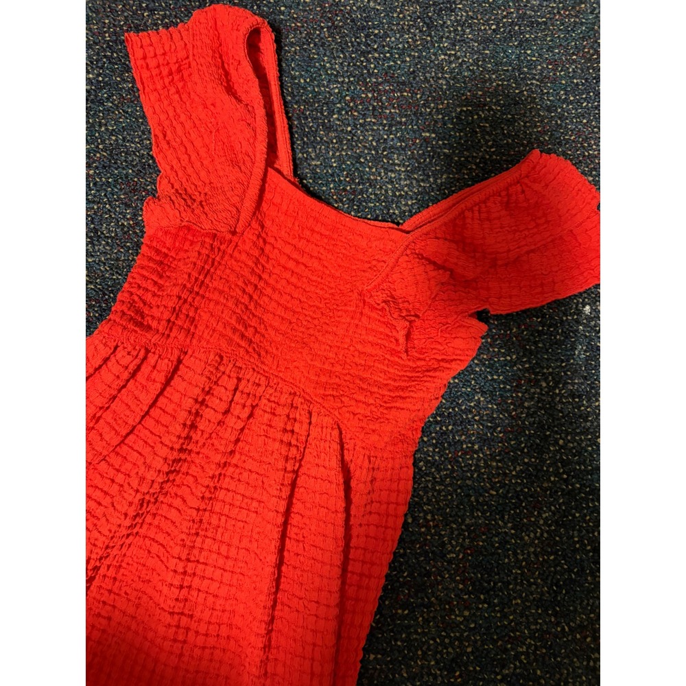 Zara Girls Red Textured Smocked Flutter Sleeve Dress Size 7 CM 122 Summer A-Line